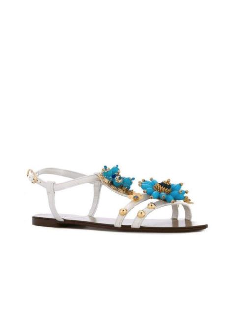 Dolce & Gabbana White Leather Flower Embellished Sandals