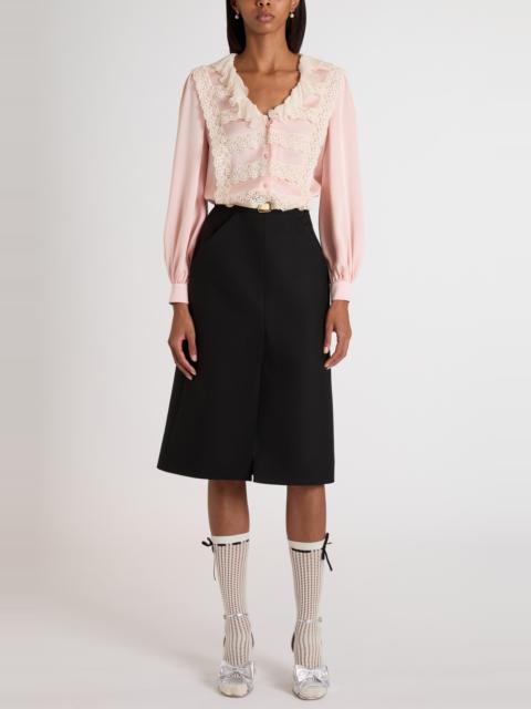 Valentino Garavani Lace Trim Chiffon Ruffle Hammered Satin Shirt in Light Pink/Ivory at Nordstrom