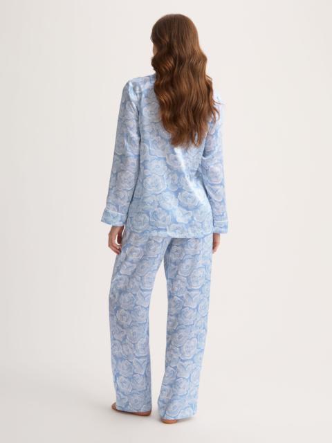 Derek Rose Women's Silk Pajamas Light Blue & White Rose Print