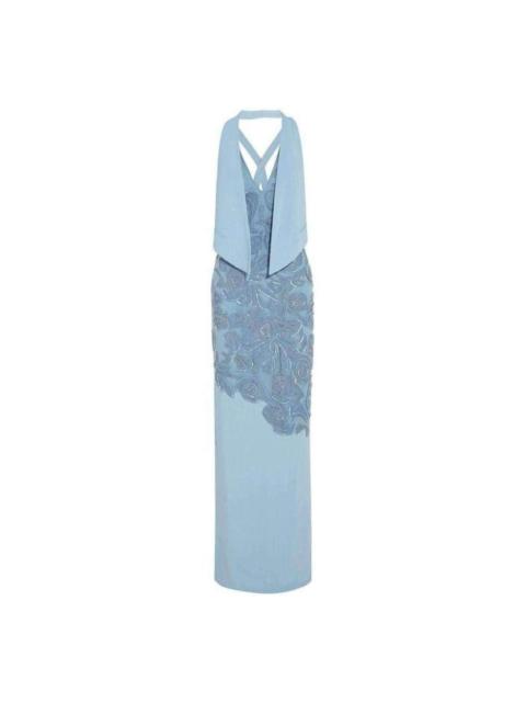 VERSACE Blue Leather Lace Cutout Formal Dress with V-Neck and Leg Slit
