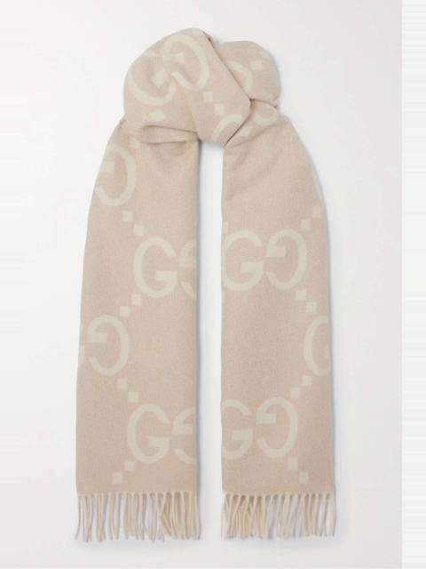Fringed metallic cashmere-blend jacquard scarf