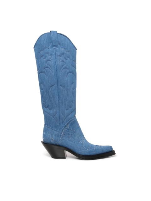 GABRIELA HEARST Capitana Cowboy Boot in Light Blue Recycled Cotton Linen