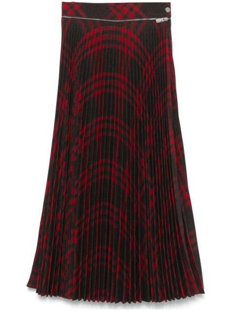 Burberry Pleated Check Wool Blend Midi Skirt