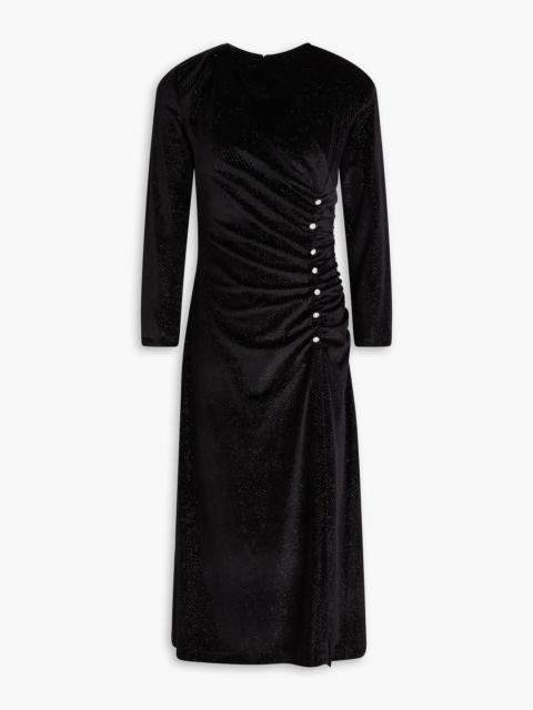 Sandro Crystal-embellished ruched stretch-velvet midi dress