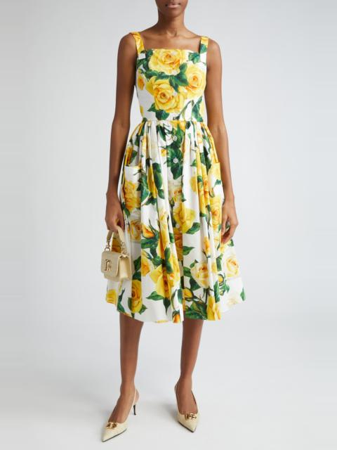 Dolce & Gabbana Rose Print Pleated Cotton Midi Dress in Ha3Qdrose Gialle F. b.nat