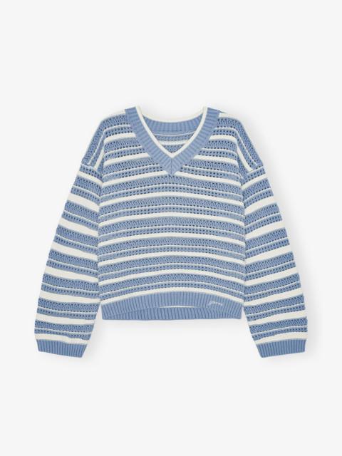 GANNI BLUE STRIPED COTTON V-NECK SWEATER