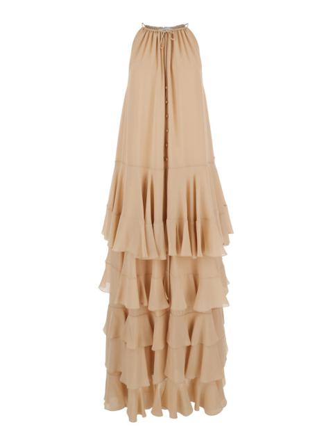 Chloé Women Beige Long Semi-Transparent Dress With Cascading Ruffles In Silk Woman