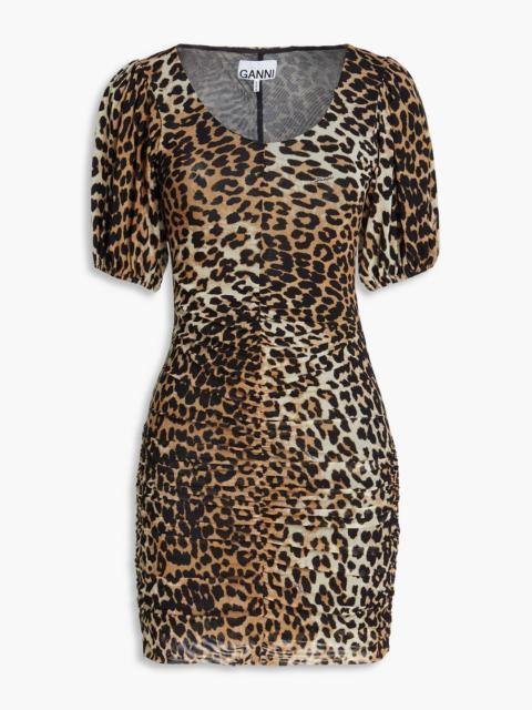 GANNI Ruched leopard-print stretch-mesh mini dress
