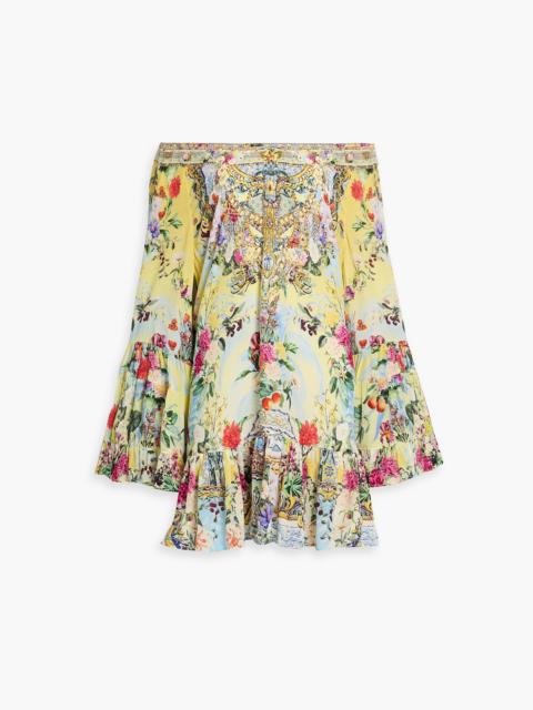 CAMILLA Off-the-shoulder crystal-embellished printed silk crepe de chine mini dress