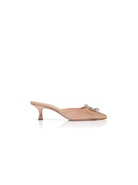 Manolo Blahnik Beige Satin Crystal Buckle Mules