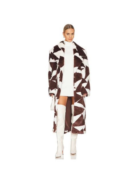Other Designers Ronny Kobo Collection - Ronny Kobo Ilia Faux Fur Coat in Ivory & Brown Triangle Diamond Print