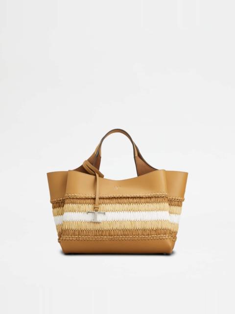 Tod's BAG IN LEATHER AND RAFFIA MINI - BROWN, BEIGE, WHITE
