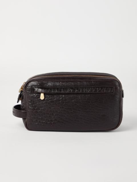 Brunello Cucinelli Textured grain leather beauty case with double zipper