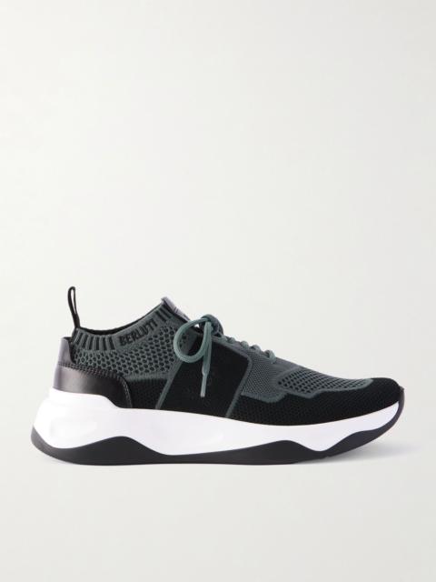 Berluti Shadow Leather-Trimmed Stretch-Knit Sneakers Black