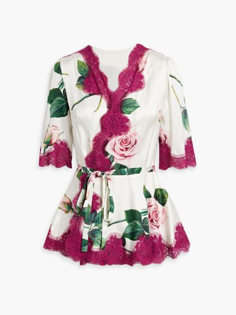 Dolce & Gabbana Lace-trimmed floral-print silk-blend satin wrap top