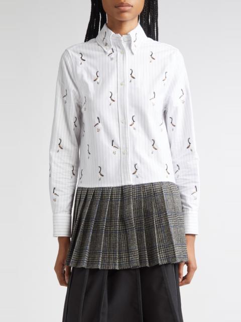 Thom Browne Thom Browne Geese Embroidered Stripe Button-Down Shirt in Medium Grey at Nordstrom