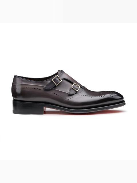 Santoni Men's grey leather double-buckle brogue shoe