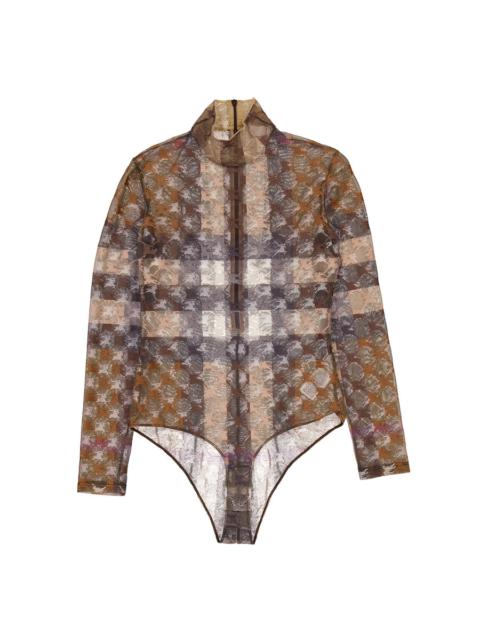 Burberry Burberry EKD Check Stretch Tulle Turtleneck Bodysuit