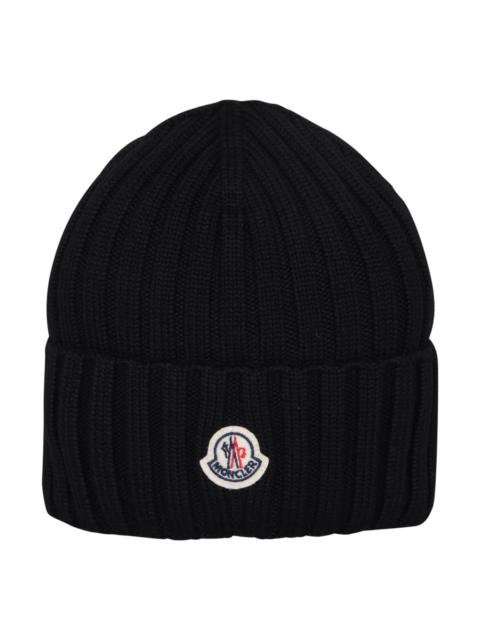 Moncler Black Wool Beanie With Logo Patch