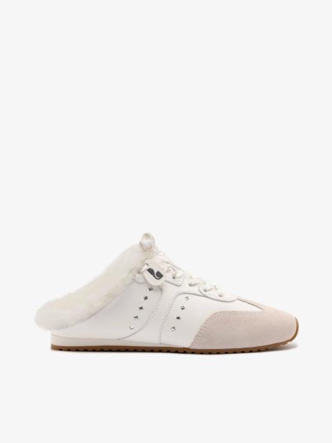 Larroudé Stella Mule In Mushroom Grey Suede and White Shearling