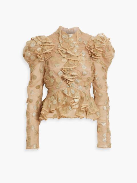 Zimmermann Ruffled glittered polka-dot tulle blouse