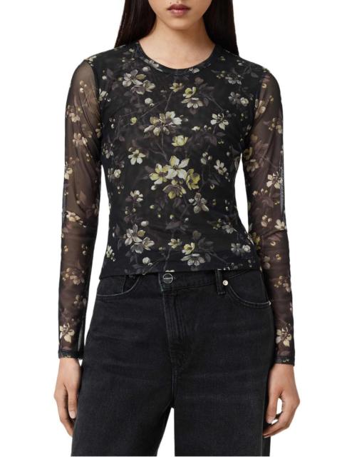 ALLSAINTS AllSaints Ellie Floral Long Sleeve Mesh T-Shirt in Vine Black at Nordstrom