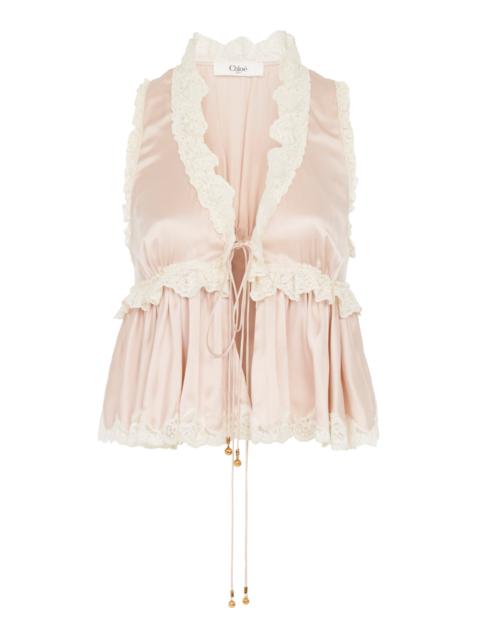 Chloé Lace-Trimmed Silk Satin Top pink