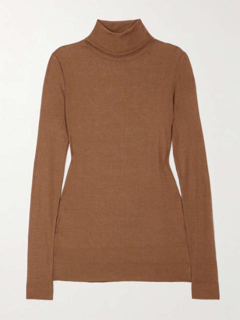 Seamless ribbed-knit turtleneck top