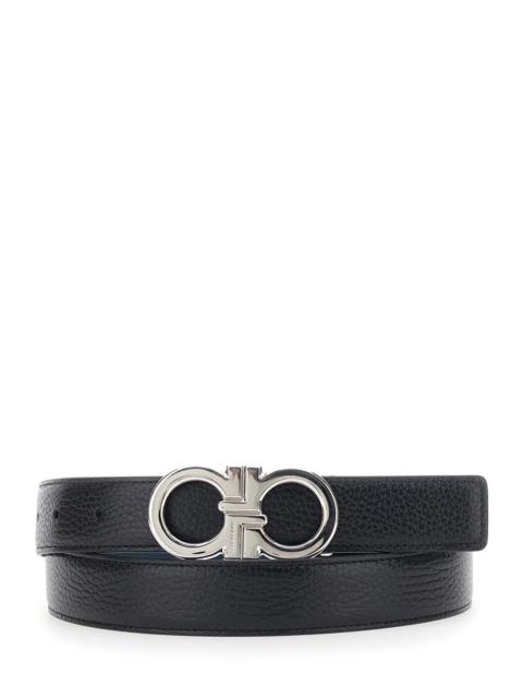 FERRAGAMO Ferragamo Men Black Reversible Belt With Gancini Buckle In Hammered Leather Man