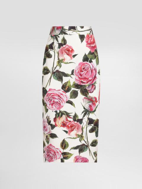 Rose-print cotton jacquard calf-length skirt