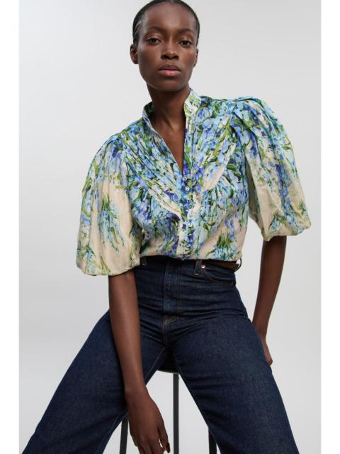 KAREN MILLEN Floral Silk Cotton Puff Sleeve Woven Blouse