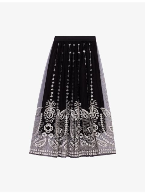 maje Floral-Embroidered High-Waist Tulle Maxi Skirt