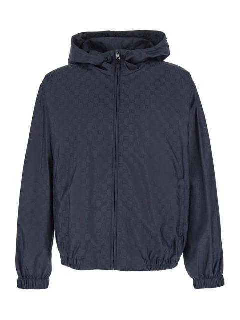 GUCCI Gucci Men Blue Jacket With Fixed Hood And Gg All-Over Motif In Tech Fabric For Men