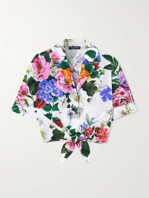 Knotted cropped floral-print cotton-poplin shirt White