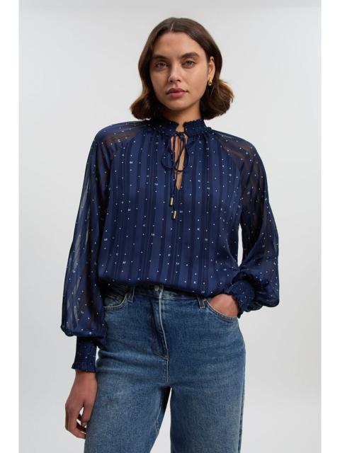 KAREN MILLEN Karen Millen Print Shirred Detail Dobby High Neck Woven Blouse