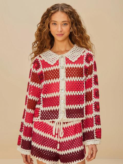 FARM RIO Red Colorful Crochet Tiles Shorts