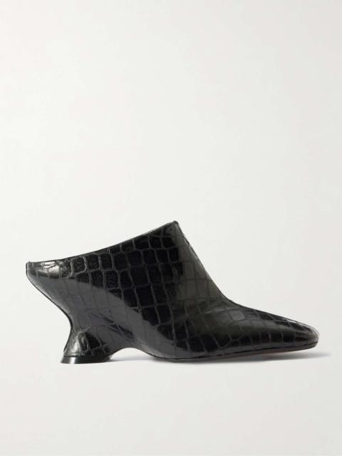 Croc-effect leather wedge mules Black