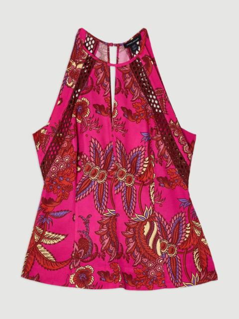 KAREN MILLEN Viscose Floral Print Linen Lace Trim Insert Woven Halter Neck Top