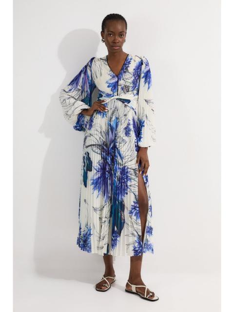 KAREN MILLEN Floral Balloon Sleeve Pleated Crinkle Cut Out Woven Maxi Dress