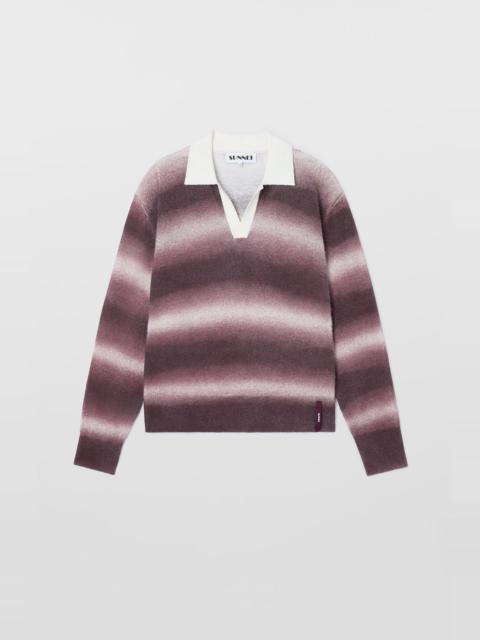 SUNNEI STRIPED KNIT LONGSLEEVE POLO / burnt aubergine & off white
