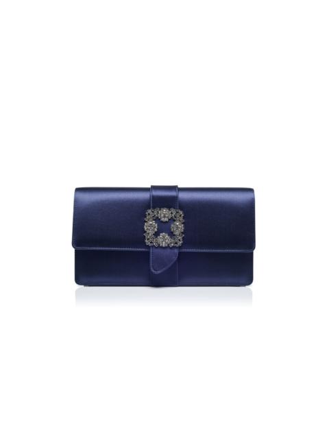 Manolo Blahnik Navy Blue Satin Jewel Buckle Clutch