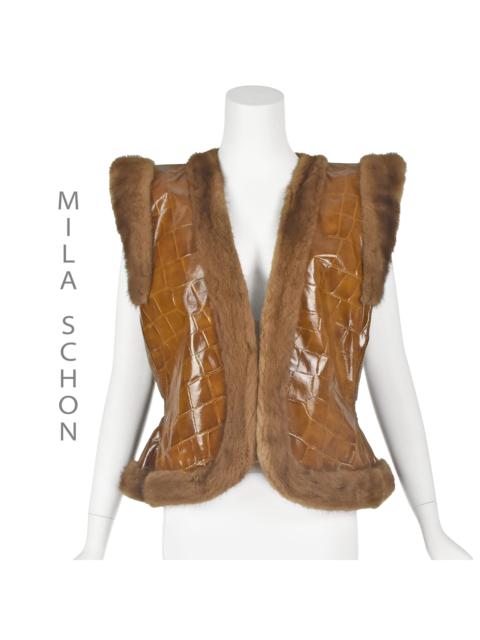 Other Designers Early MILA SCHÖN Croc Embossed Caramel Leather Vest with Fur Trim