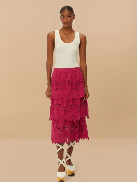 FARM RIO Pink Daisy Embroidered Midi Skirt