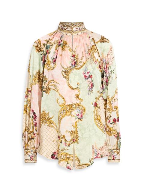 CAMILLA Crystal-embellished printed silk-satin blouse
