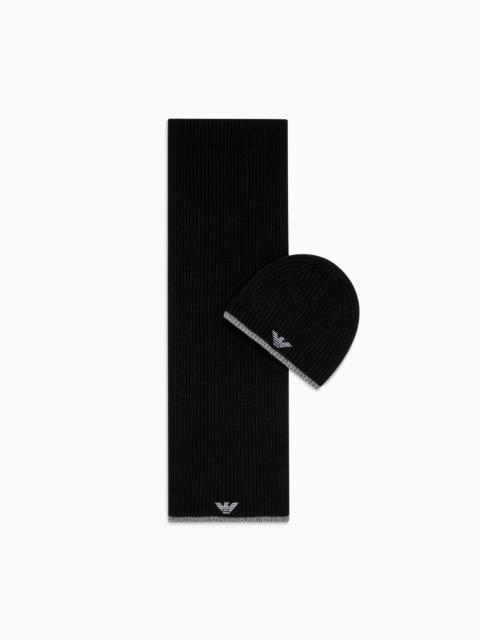 EMPORIO ARMANI Hat and scarf set with embroidered eagle