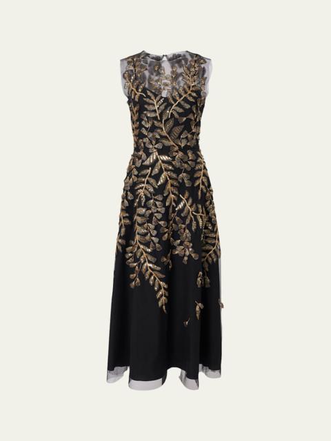 CAROLINA HERRERA Gold Leaf-Embroidered Tulle Sleeveless Midi Dress