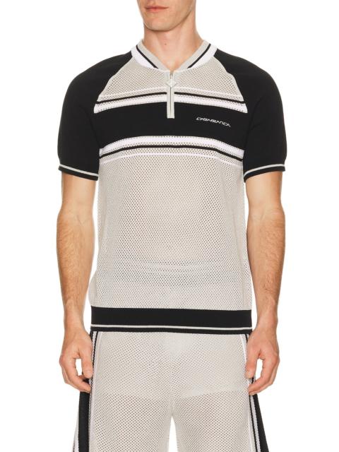 CASABLANCA Metallic Mesh Stripe Zip Polo