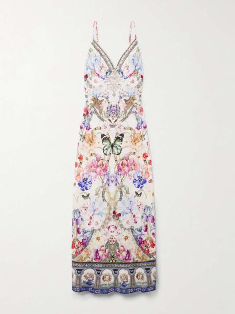Monserate Magic crystal-embellished floral-print linen maxi dress White