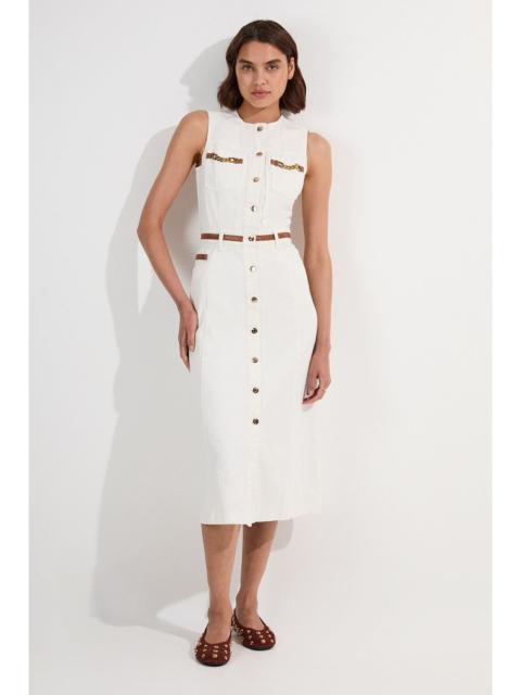 KAREN MILLEN Denim & Faux Leather Tipping Sleeveless Midi Dress