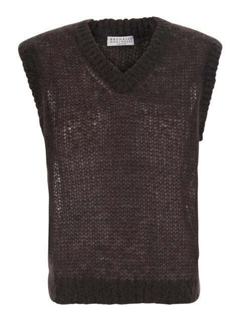 Brunello Cucinelli Brunello Cucinelli Women Brown Sleeveless Top With V-Neck And Monile Detail In Blend Wool For Women